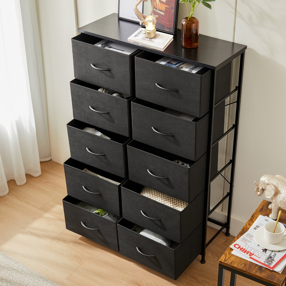 Idle Way 9 & 10-Drawer Bedroom Dresser with Metal Frame & Wood Tabletop, Fabric Closet Organizer Chest Storage Tower for Bedroom, Living Room & Entryway, Coal Black, Black & Grey