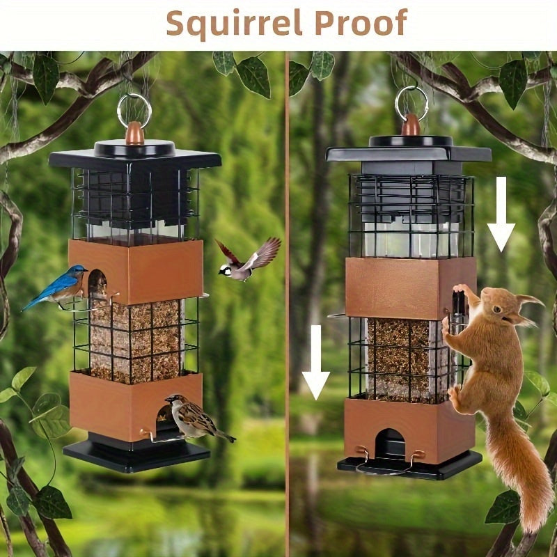 Squirrel-Proof Bird Feeder, 5 lbs Large Capacity, Outdoor Hanging Metal Construction, Bilateral Weight-Activated, Easy to Fill & Clean, Weather-Resistant for Garden and Backyard