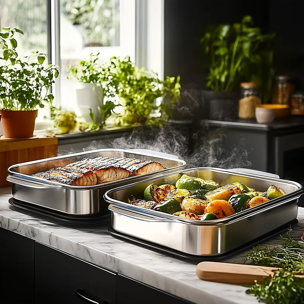 Stainless Steel Baking Pans with Lids Set – Extra Large Non-Stick Heavy Duty Rectangular Oven Trays for Roasting Bread, Desserts, Seafood, BBQ, and Buffet Serving, 2, 4, 6, 8 Pack Options