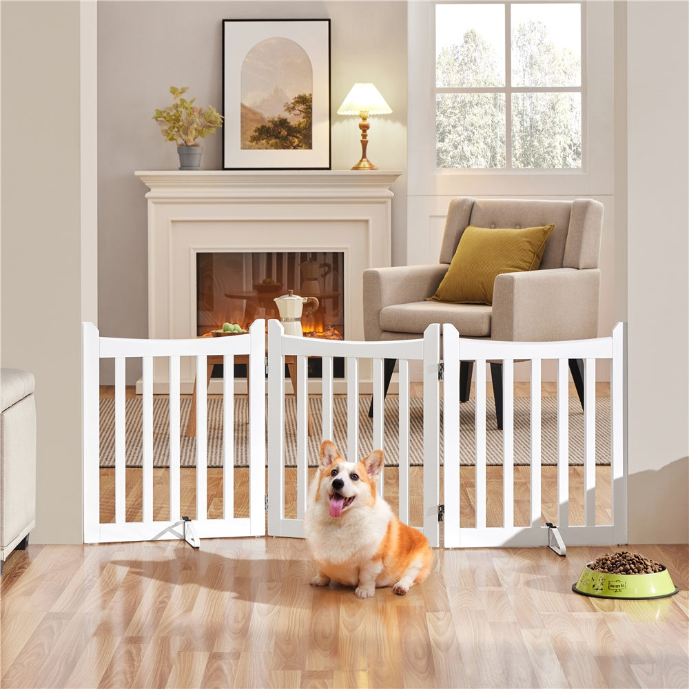 Freestanding Wooden Dog Gate 3-Panel with Door, 24"/36" Height, Anti-Scratch, Two Support Feet, Indoor Pet Barrier for Doorway Stairs Hallway, for Small Dogs & Puppies, White