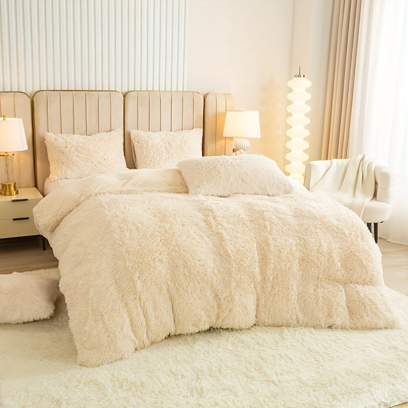 Plush Duvet Cover Set 3 Piece, Long Hair Knitted Polyester, Solid Color Fuzzy Comforter Cover with Zipper Closure, All-Season Soft Cozy Bedding Set for Bedroom, Multiple Colors Available