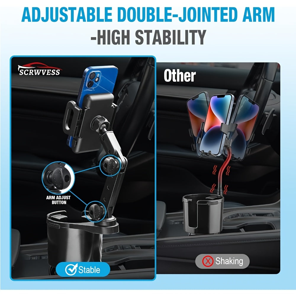 Car Phone Cup Holder Mount 2-in-1, 360° Swivel Rotation, Universal Fit for Cars, SUVs, and Trucks with Shock-Absorbing Trim - Black Extender