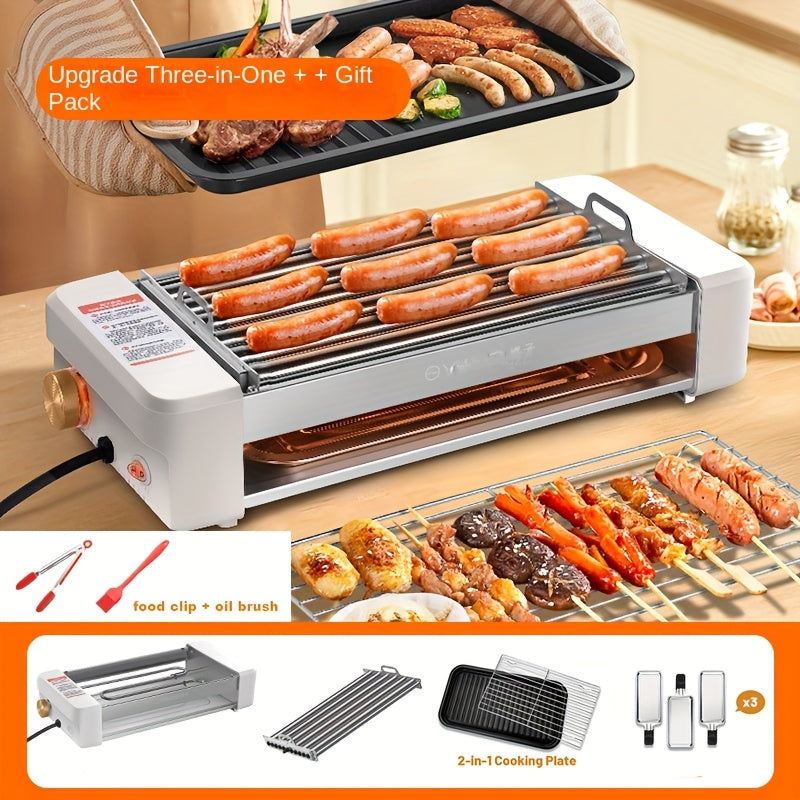 4-in-1 Electric Sausage Grill – Non-Stick Countertop with Adjustable Temperature Detachable Panel Silicone Oil Brush & Three-Tray Dish Easy to Clean for Kitchen & Dormitory Use in White