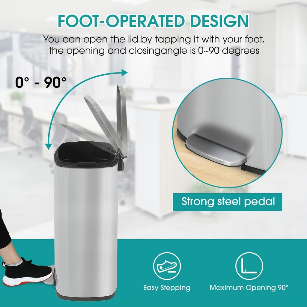 Pedal Trash Can – Fingerprint-Proof Stainless Steel Kitchen Garbage Can with Removable Inner Bucket & Hinged Lid for Kitchen Home Office in 5L to 50L