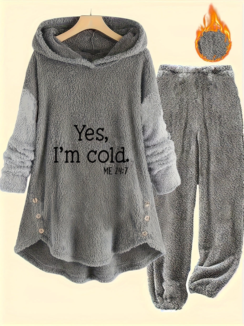Women's Cold Print Teddy 2-Piece Set - Button-Decorated Long-Sleeve Hoodie & Casual Pants for Autumn & Winter - Mixed Colors - S to XXL