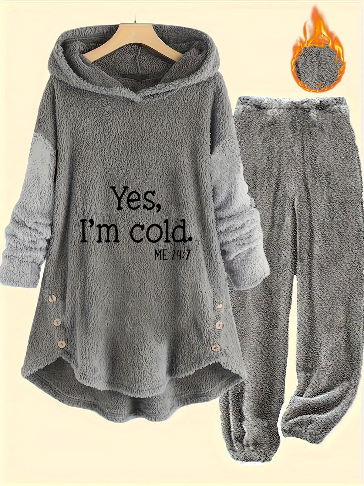 Women's Cold Print Teddy 2-Piece Set - Button-Decorated Long-Sleeve Hoodie & Casual Pants for Autumn & Winter - Mixed Colors - S to XXL