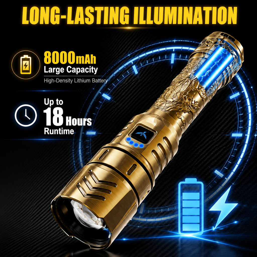 SKYFIRE LED Rechargeable Flashlight 4000mAh Golden Dragon Pattern Ignition Lens Zoom & 4 Modes for Camping Outdoor & Household Use – Gold