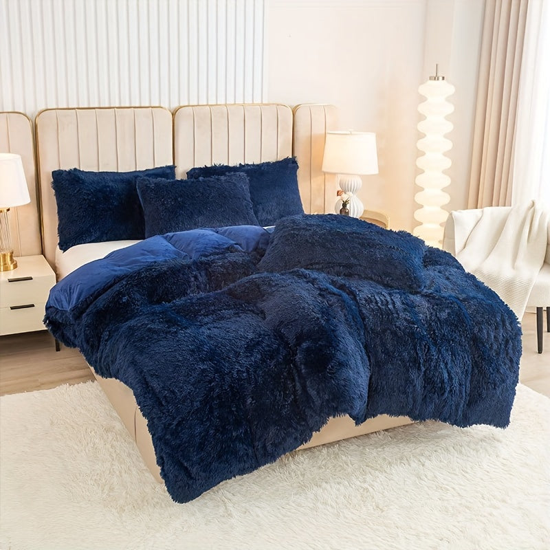 Plush Duvet Cover Set 3 Piece, Long Hair Knitted Polyester, Solid Color Fuzzy Comforter Cover with Zipper Closure, All-Season Soft Cozy Bedding Set for Bedroom, Multiple Colors Available
