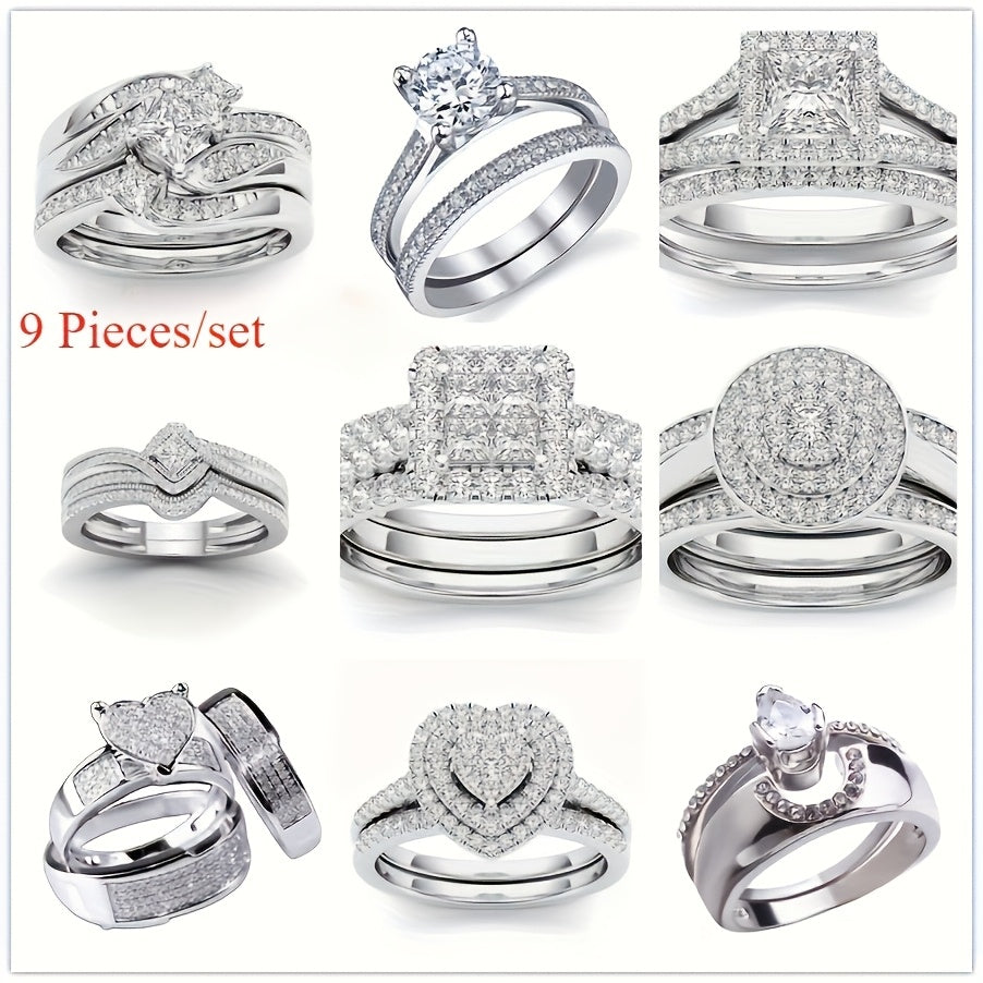 9-Piece Princess Cut Cubic Zirconia Bridal Wedding Ring Set for Women – Stackable Engagement Rings, Classic Jewelry Gift for Girlfriend & Wife