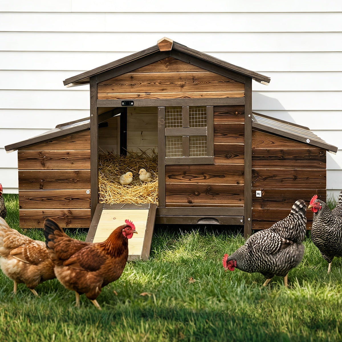 Weatherproof Wooden Chicken Coop with Double Nest Boxes Large Outdoor Poultry Hutch with Resting Area for Chickens Rabbits & Ducks – All-Season Safe & Easy Assembly