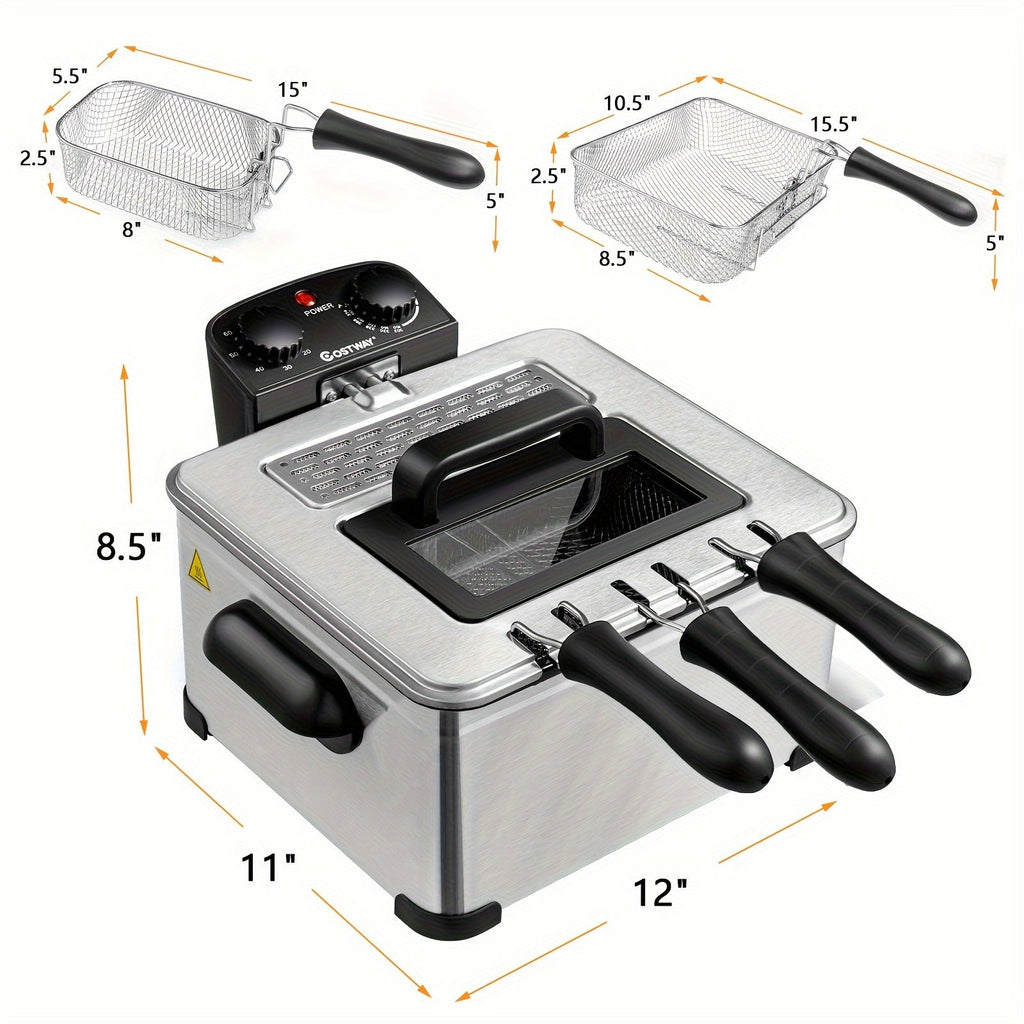 Electric Deep Fryer 5.3Qt/21-Cup with Triple Baskets, 1700W Stainless Steel, Adjustable Temperature 302°F-374°F, 60-Min Timer, View Window Lid, Cool-Touch Handles, Anti-Slip Base, Home Kitchen
