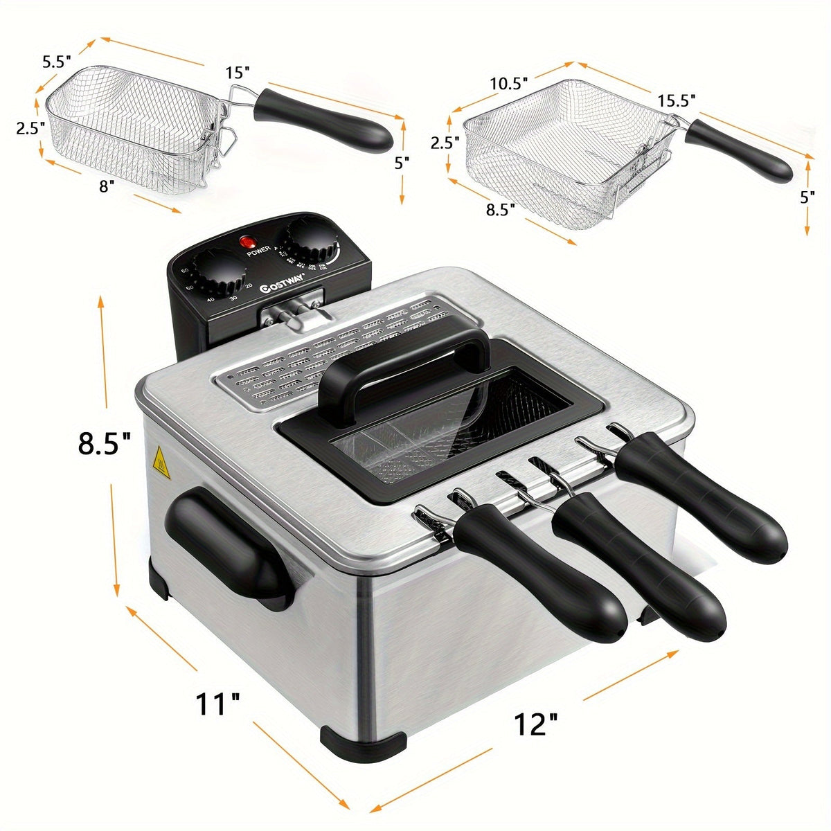 Electric Deep Fryer 5.3Qt/21-Cup with Triple Baskets, 1700W Stainless Steel, Adjustable Temperature 302°F-374°F, 60-Min Timer, View Window Lid, Cool-Touch Handles, Anti-Slip Base, Home Kitchen