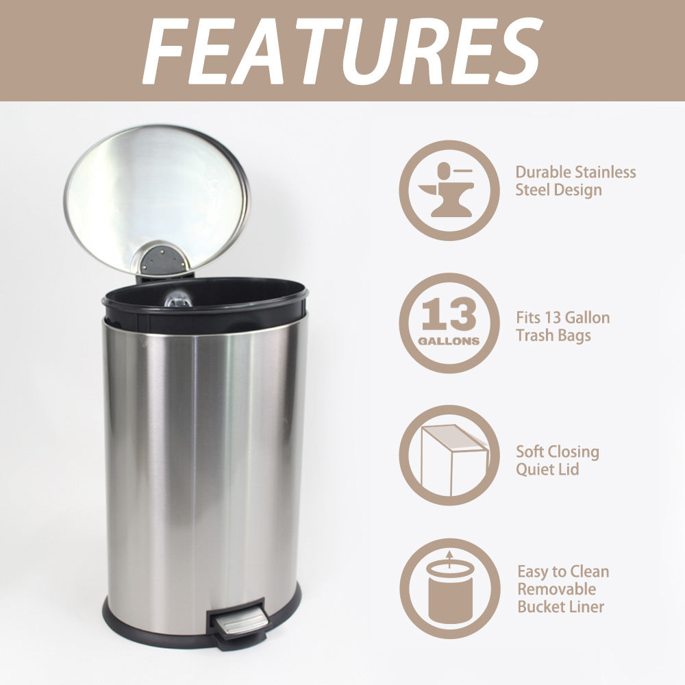 10.5 Gallon / 40L Stainless Steel Oval Pedal Trash Can – Fingerprint Resistant Hinged Lid Removable Inner Bucket Anti-Slip Base for Home Kitchen & Office