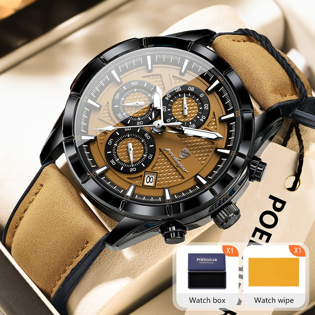 POEDAGAR Men's Waterproof Chronograph Quartz Watch, Luminous Leather Strap – Calendar Date Sports Casual Wristwatch Gift for Men, Black Brown Black