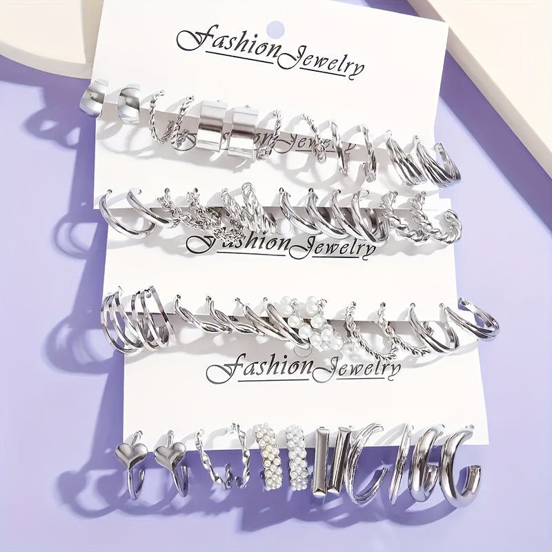 24 Pairs Fashion Alloy Earrings Set for Women – Zinc Alloy with Stainless Steel Studs, Hypoallergenic, Everyday/Party/Holiday Jewelry Gift, Year-Round Styling