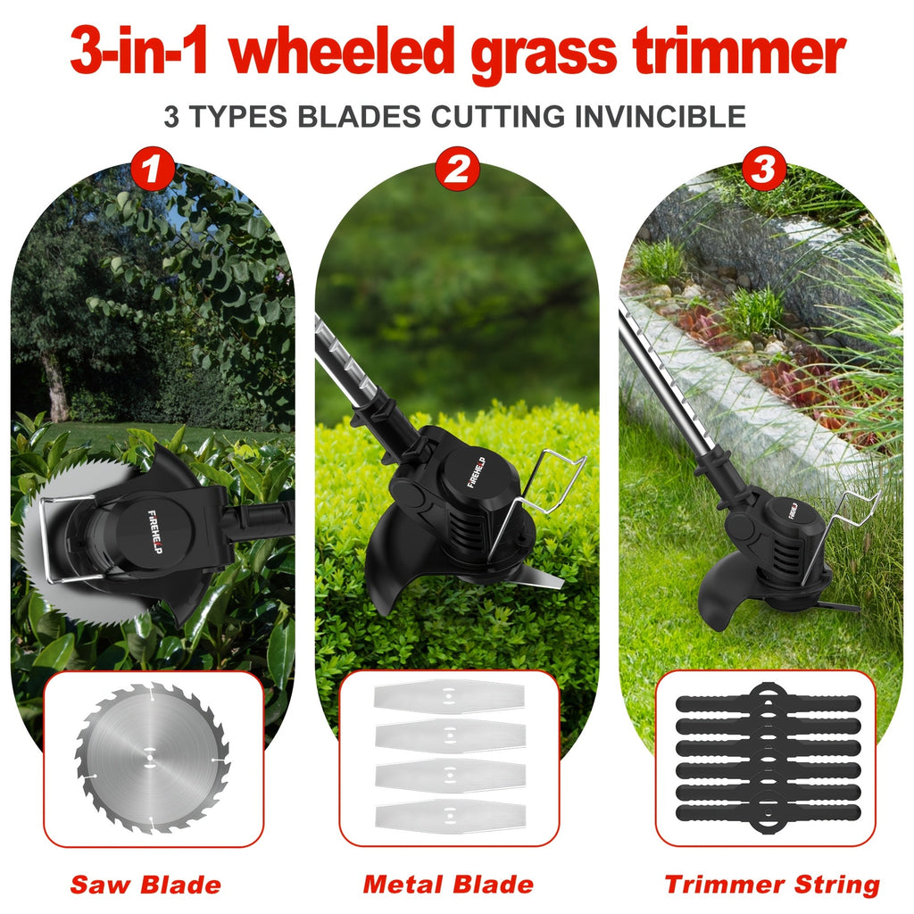 Portable Cordless Electric Lawn Mower - 3-in-1 Trimmer, Edger & Shrub Cutter - Adjustable Height, Rotating Head, 3 Blades, 2 Lithium Batteries - Lightweight Yard Tool for Garden & Patio - Black, Red, Blue & Green - Father's Day Gift