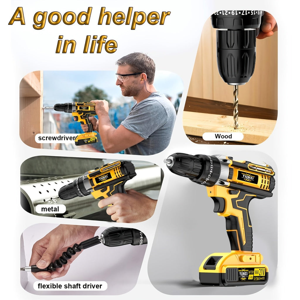 21V Cordless Impact Drill Set, 2.0Ah Battery & Fast Charger with Work Light, Variable Speed & Torque Adjustment, Electric Screwdriver Combo – Optional Storage Box for Car & Home Repair, DIY Men's Gift