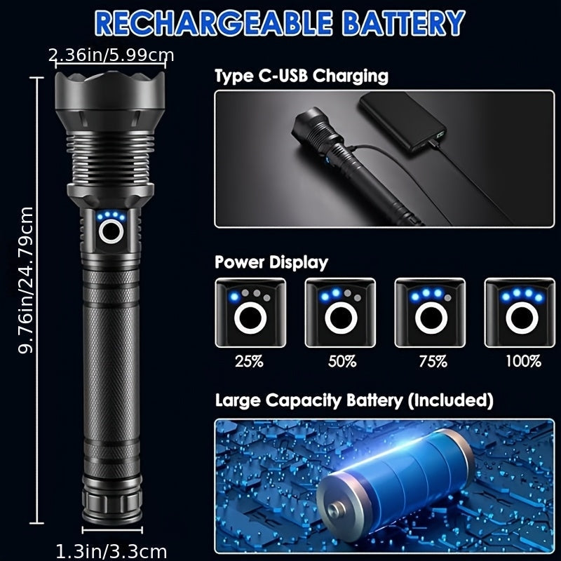 4000 Lumen Rechargeable Tactical Flashlight – High Lumens LED Handheld Torch, USB-C, 500M Range, 4 Modes, Aluminum Alloy, Waterproof for Camping, Fishing, Hiking, Night Patrol, and Emergency