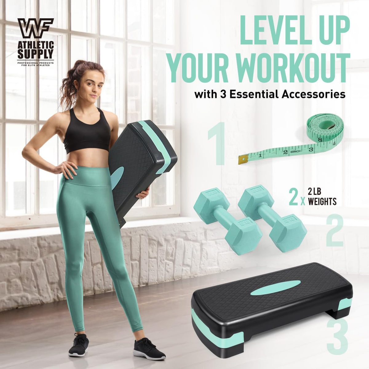 Adjustable Height Aerobic Stepper Set with 2 Dumbbells & Measuring Tape – Home Workout Exercise Step Platform with Risers, Non-Slip, 550 LB Capacity, 3 Colors: Blue, Green, Pink