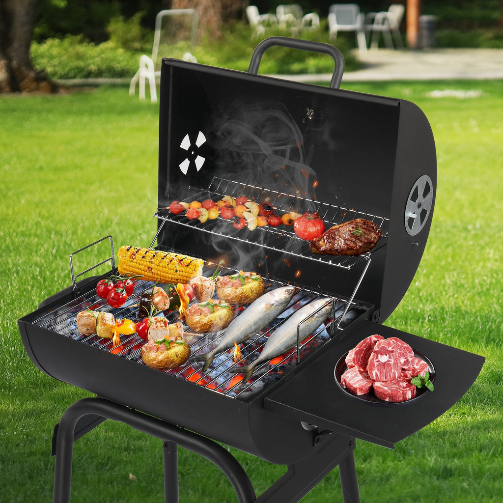 Barrel Charcoal Grill with Side Table & Bottom Shelf, 33.9"x20.5"x40.6", 4-Level Adjustable Charcoal Pan, Dual Air Dampers, Built-In Thermometer, Chrome Grates, 2 Wheels, for Backyard, Patio & Camping BBQ
