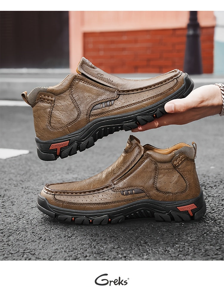 GREKS Men's Hand-Stitched Slip-On Ankle Boots, Casual Moccasin Chukka Loafers with Non-Slip Sole for Outdoor Hiking, Driving, and Daily Wear – Comfortable Lightweight Men's Shoes