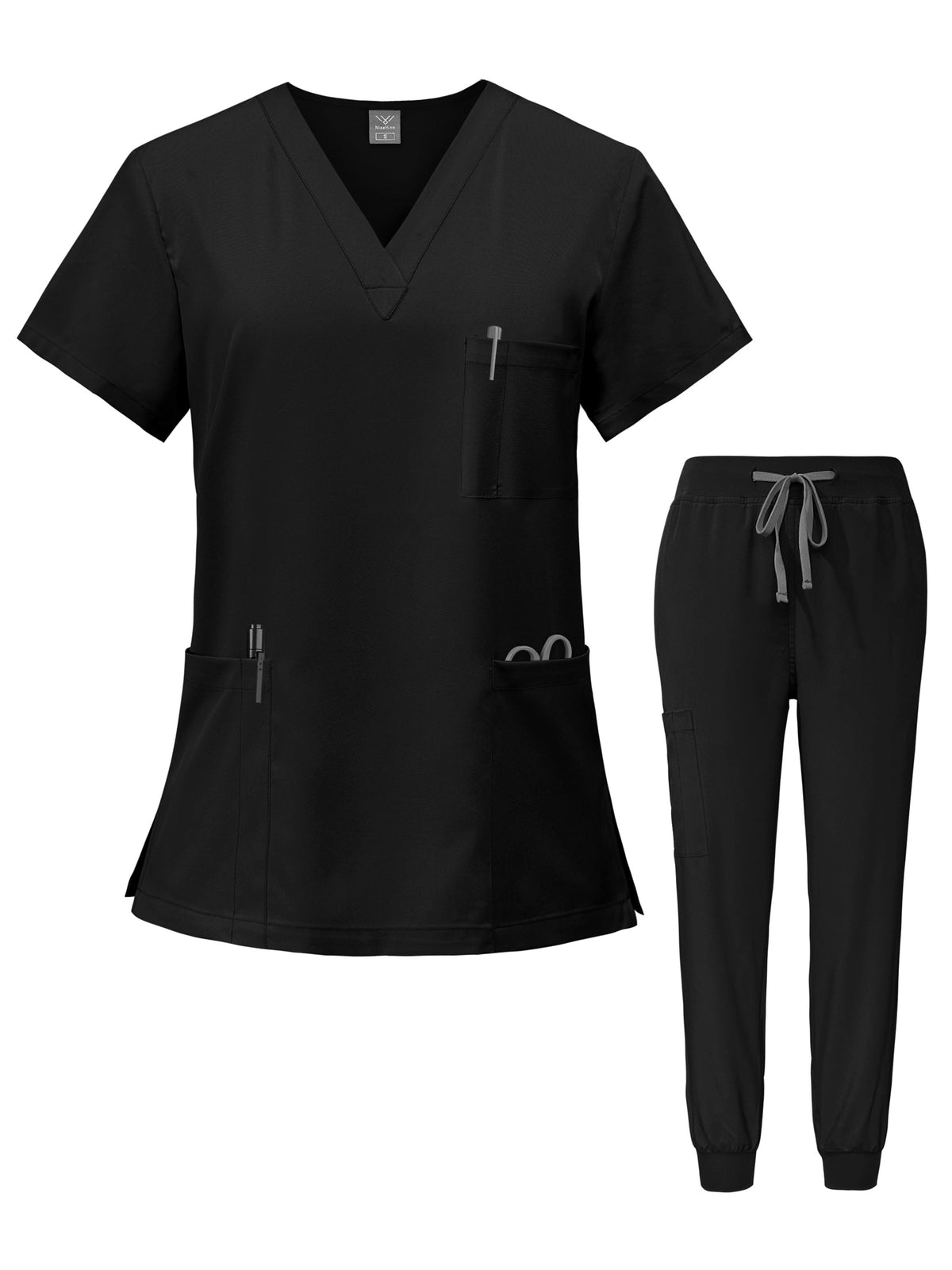 护士刷手服套装 – V领上衣与慢跑裤制服，适用于护理、医疗、牙科及医院医护人员，带口袋纯色工作服