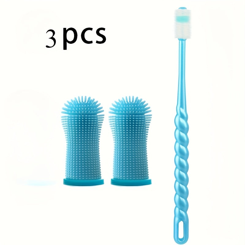 3-Piece Pet Dental Care Silicone Toothbrush Set, 360° Finger Brush & Micro-Ciliated Brush for Dogs & Cats, Soft, Gentle, No Battery Required