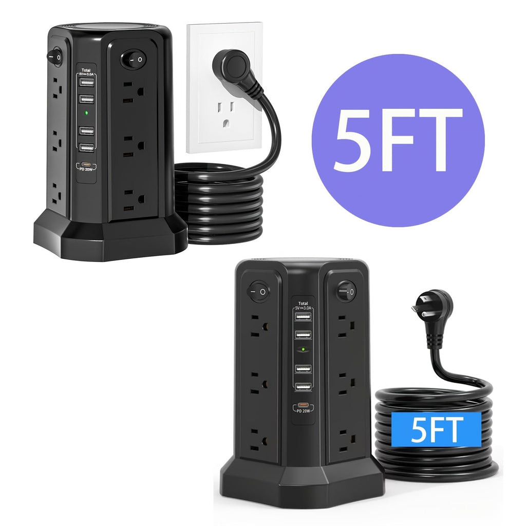 Power Strip Tower, 16 AC Outlets, 5 USB Ports, USB-C PD 20W, 1500J Surge Protector, Flat Plug Desktop Extension Cord