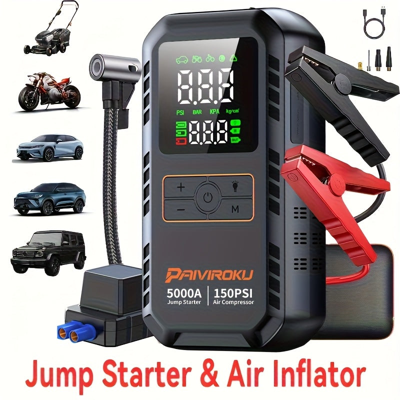 7-in-1 Portable Jump Starter with 150PSI Air Compressor – 5000A Peak Car Battery Booster, Tire Inflator, QC3.0 Power Bank, and LED SOS Light for Gas & Diesel Vehicles