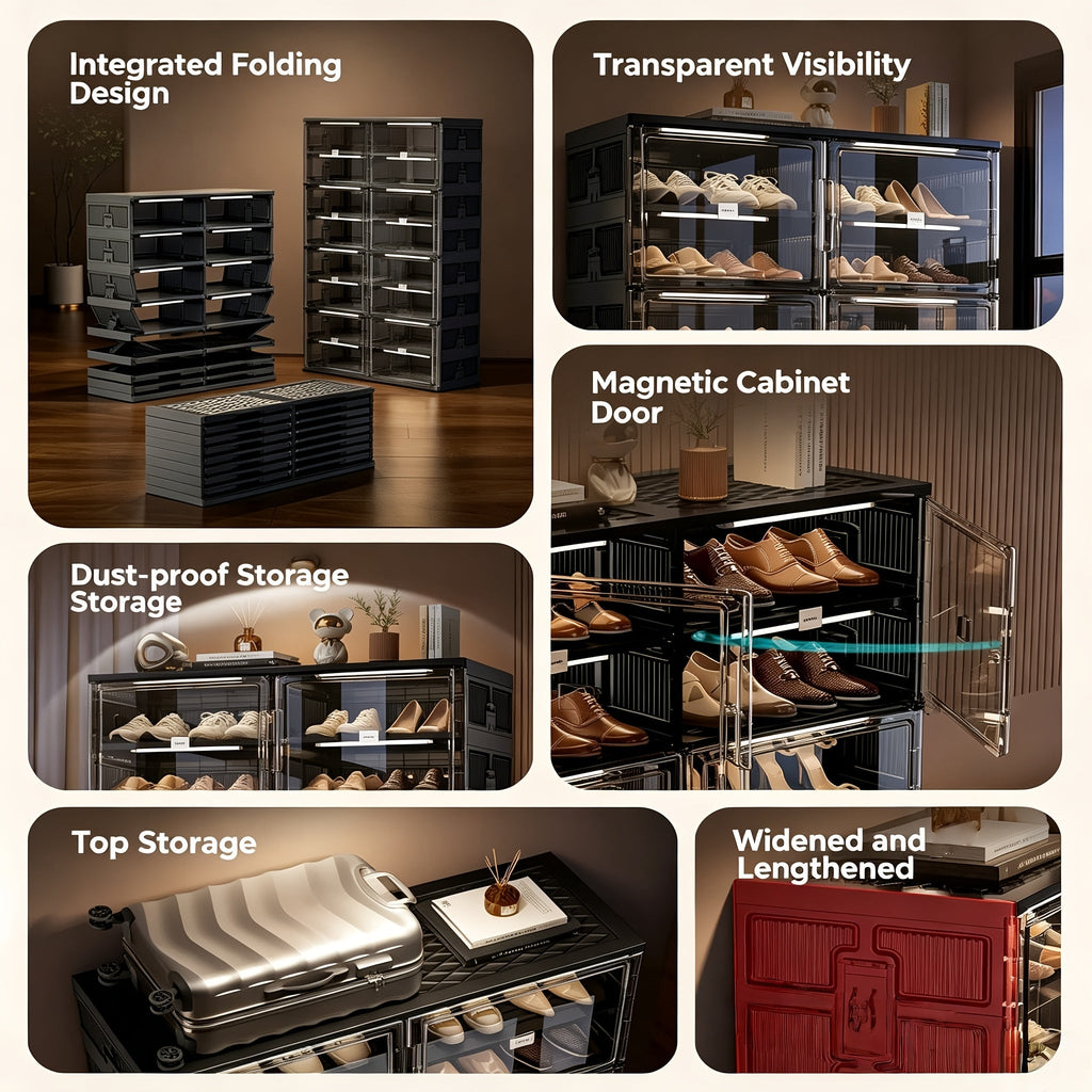 Foldable Transparent Shoe Cabinet 3/6/9 Tier, Magnetic Dust-Proof Doors, 62.5" Tall, No-Tool Assembly, Modular Stackable Shoe Storage Organizer for Entryway Closet Bedroom Dorm, Display Shoe Box