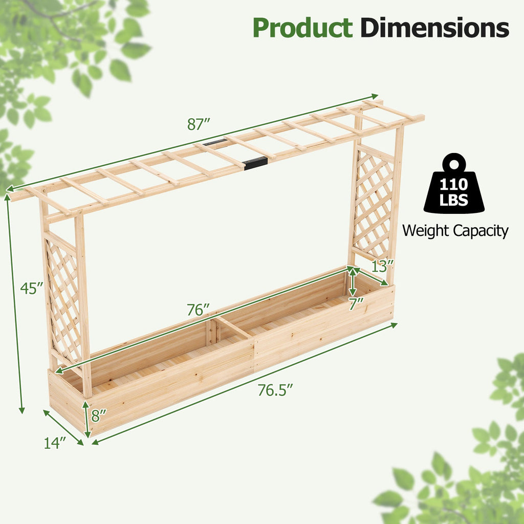 Raised Garden Bed with Trellis & Hanging Roof, 87"x14"x45", Fir Wood, 110 Lb Capacity, Drainage Holes, Detachable Bottom, Freestanding Elevated Planter Box for Climbing Plants, Vines, Vegetables & Flowers, Patio & Balcony