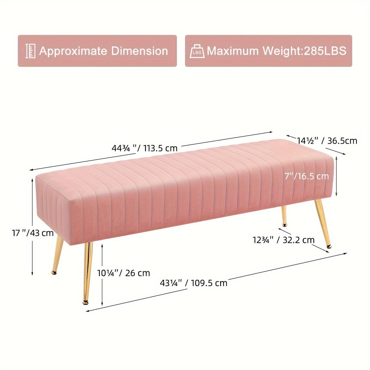 44-Inch Luxury Velvet Shoe Changing Bench with Gold-Plated Legs Entryway Bedroom End Footrest & Step Stool Sturdy Frame Elegant Decor – Black Pink Grey Dark Green
