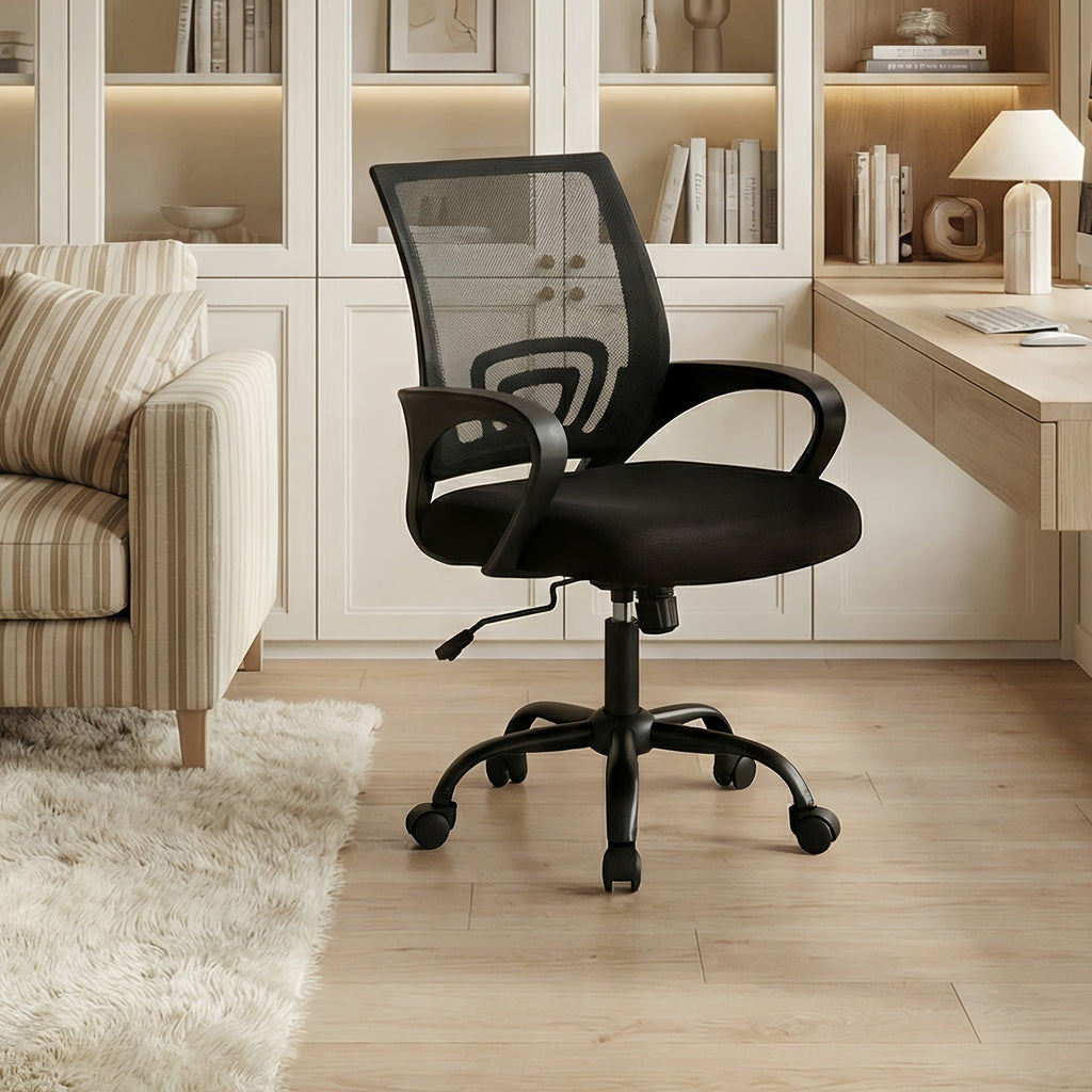 Ergonomic Mid-Back Office Chair - Lumbar Support, Rocking Mode, Height Adjustable, Fixed Armrests, 360° Swivel - Home, Gaming & Conference - Black, Pink, Gray & Red