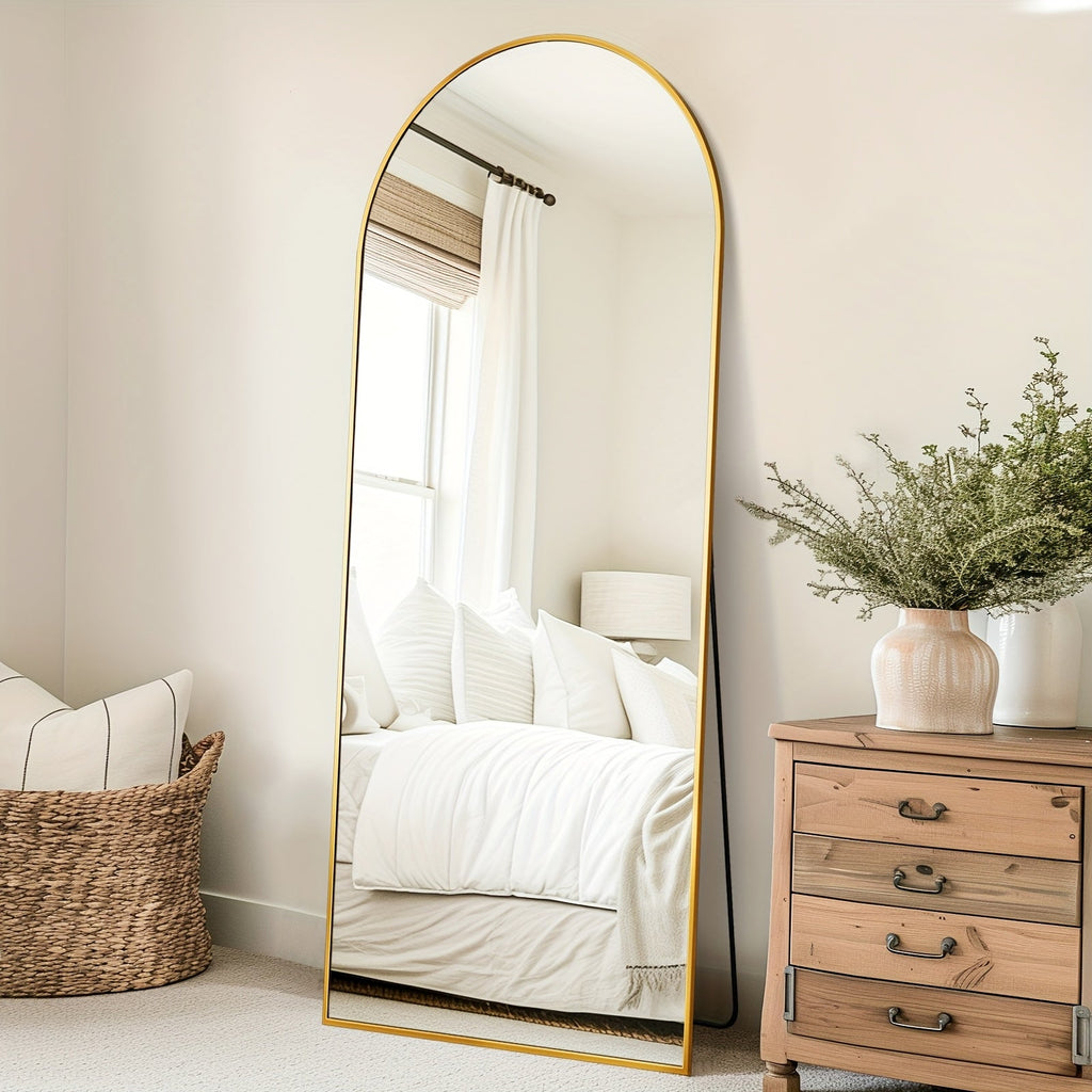 Arched Full-Length Floor Mirror – Freestanding Full-Body Mirror with Stand for Bedroom, Living Room, and Cloakroom, Wall-Mountable, Available in 3 Sizes & 2 Colors (Black & Gold)