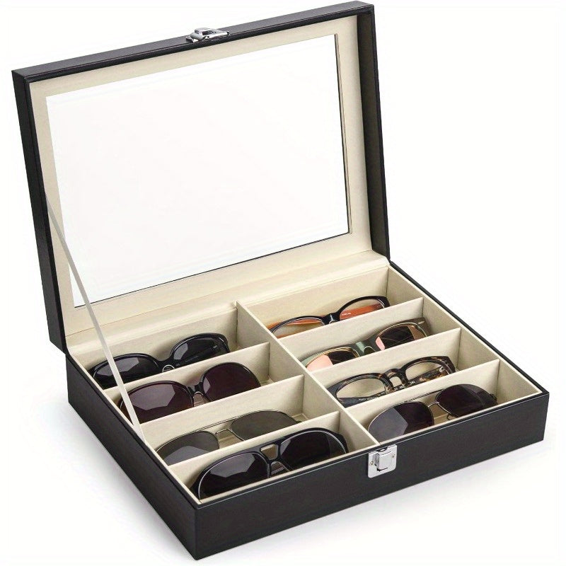 8-Slot PU Leather Eyeglasses Storage Case – Large Capacity Glasses Organizer Box for Sunglasses and Reading Glasses, Luxury Household Collection Display Case in Black, White, and Green