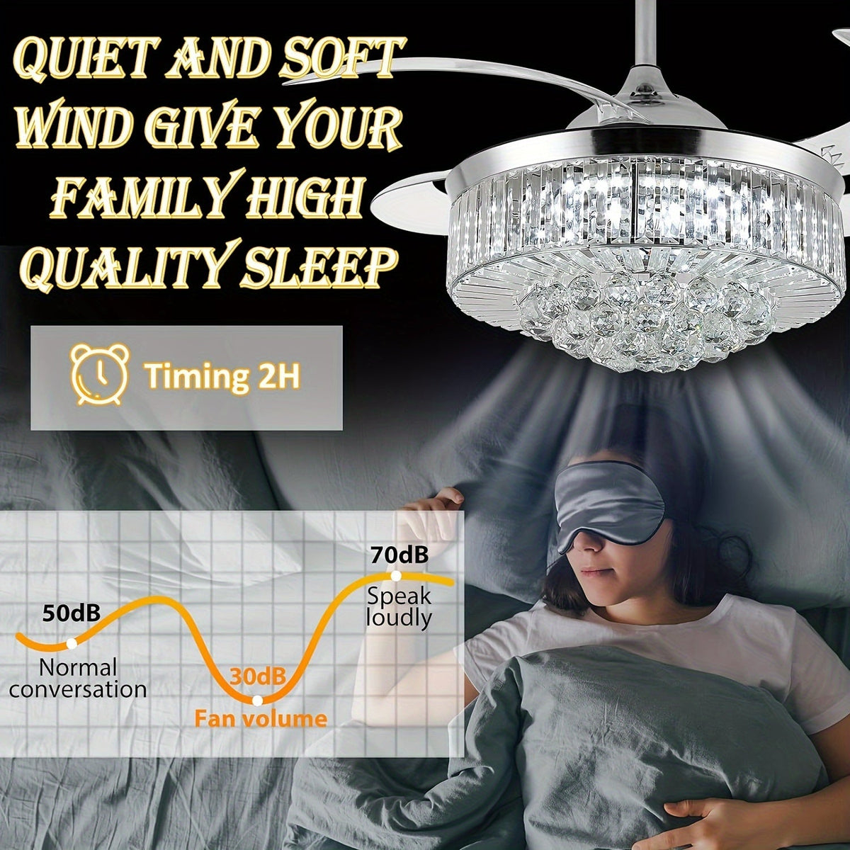 Modern Invisible Ceiling Fan with LED Light, Crystal Design, 3-Color Lighting (Warm/Neutral/White), 6-Speed Remote Control, Reversible Motor, for Bedroom Living Room Dining Room