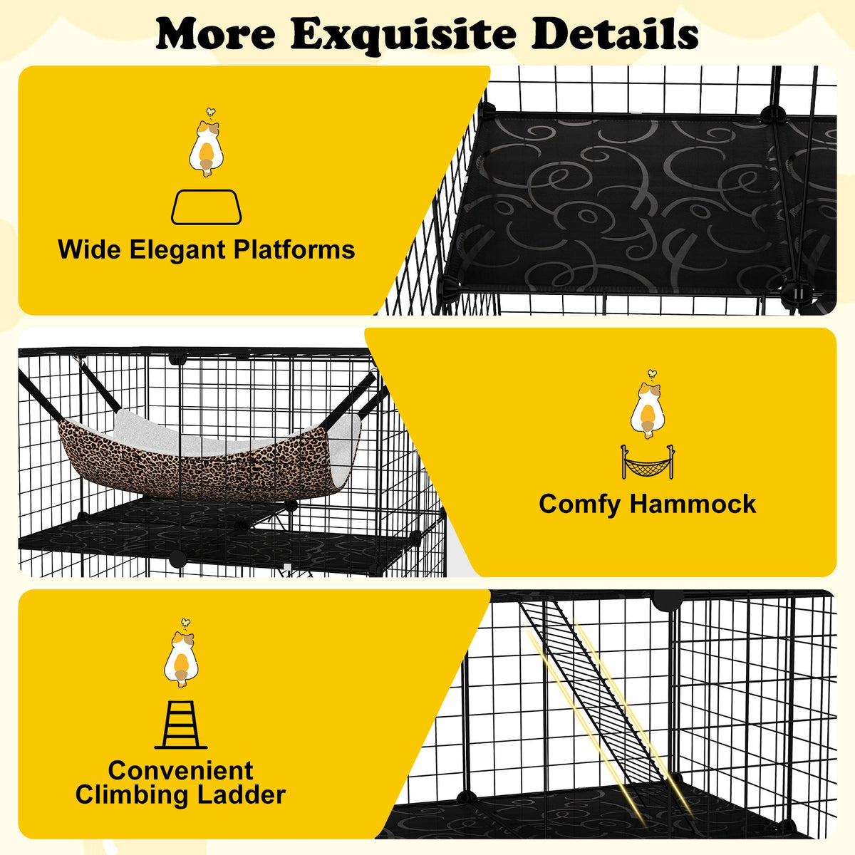 3-Tier Indoor Cat Cage & Enclosure, 29"x29"x43.5", Skylight, Hammock, 2 Climbing Ladders, 3 Lockable Doors, Anti-Tip Kit, Metal Wire & PP, for 1-3 Cats & Small Animals, Black