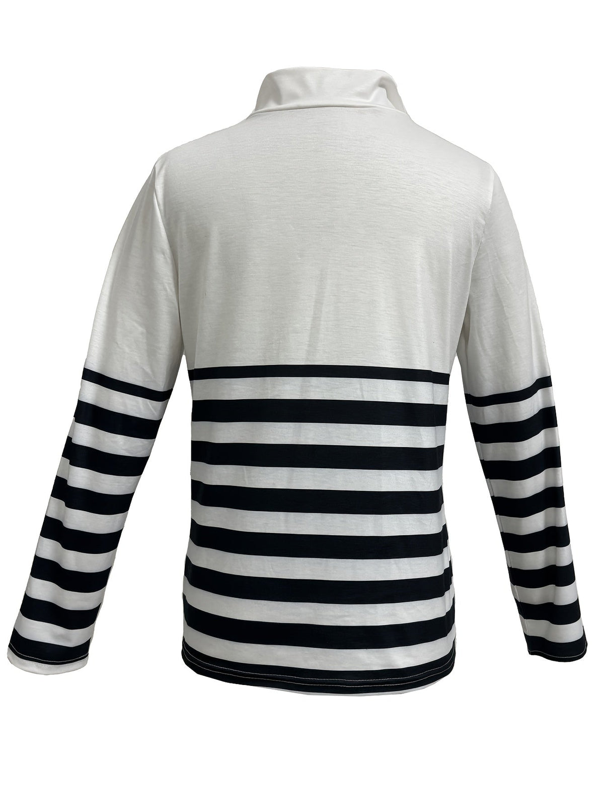Women's Casual Long Sleeve Zip-Up Stand Collar Striped T-Shirt – Black with Red, Blue, and Light Green Stripes S-XXL