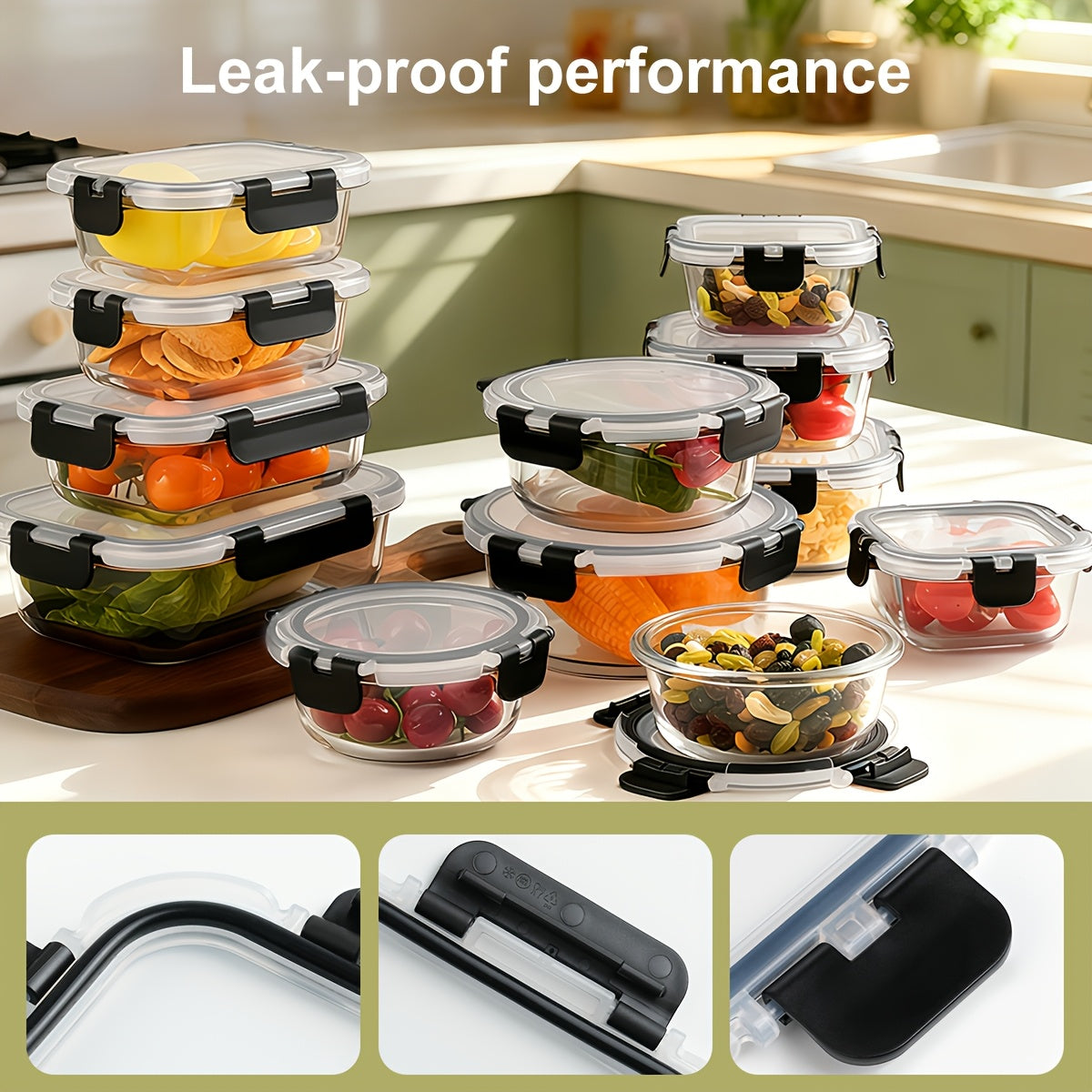 12-Piece Glass Food Storage Container Set with Lids, Airtight and Leak-Proof Meal Prep Containers, Thickened Glass Bento Lunch Boxes, Safe for Microwave, Oven, Freezer, and Dishwasher, Kitchen Pantry Organizer