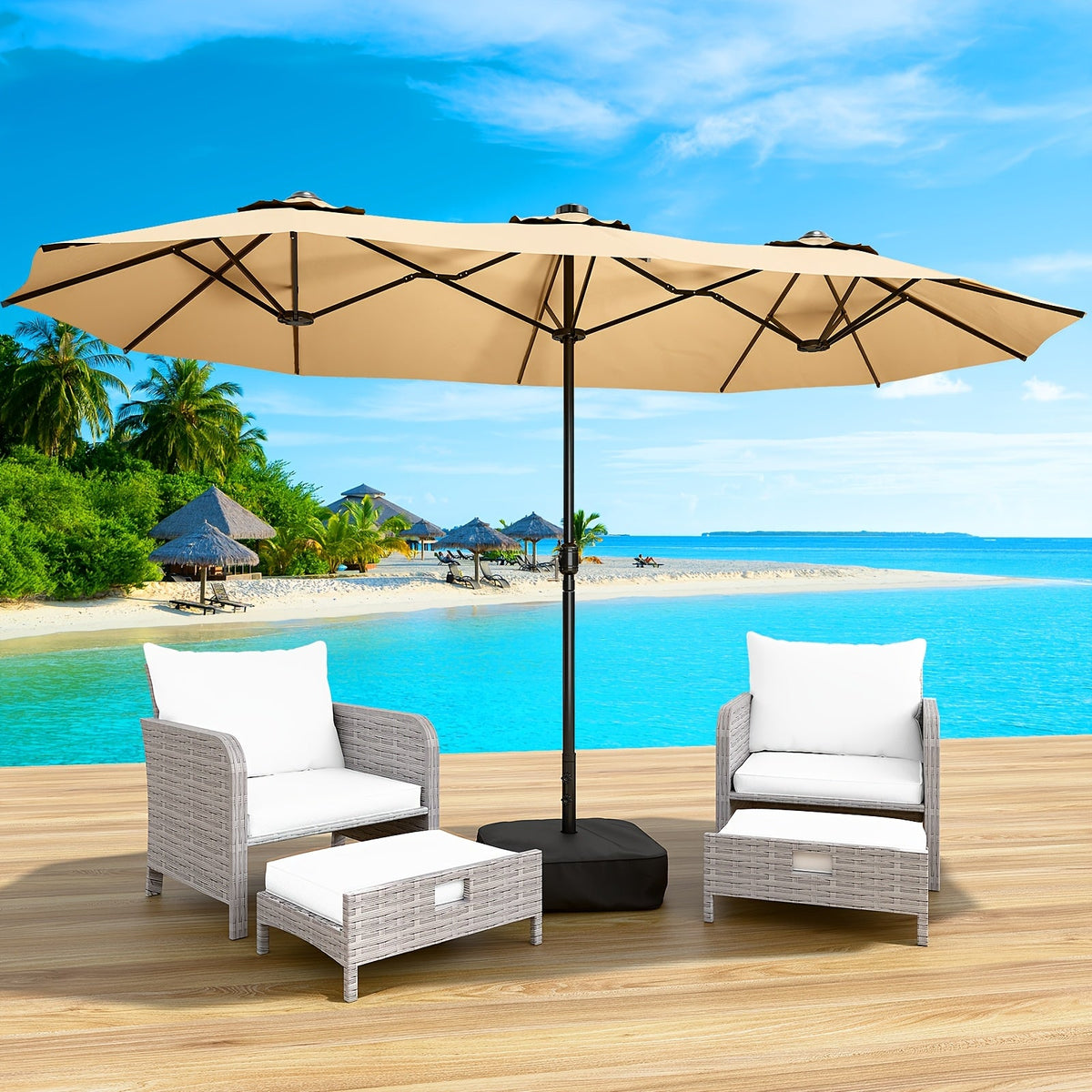 LEVELEVE 15FT Double-Sided Patio Umbrella – 135 Sq Ft Shade, UPF 50+ Waterproof, 40+ MPH Wind Resistant, "5+2+5" Rib Structure, Crank Lift, Cross Base & Weight Bag Included, Blue Red Khaki Lake Blue – Nova Mart