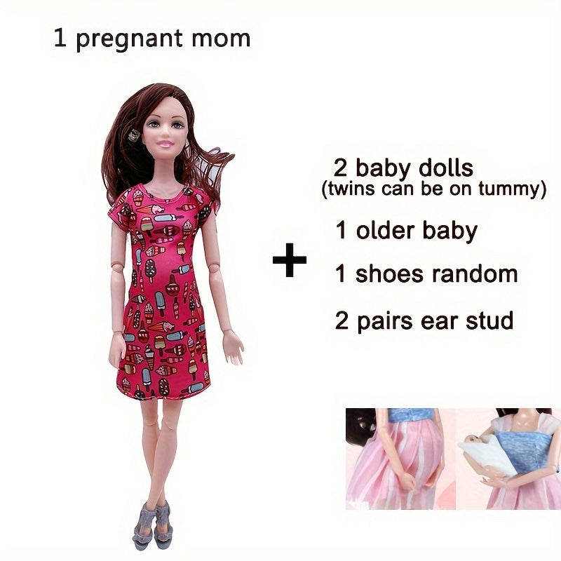 11.8 Inch Fashion Pregnant Doll with Movable Joints, Mom Doll with 2 Baby Dolls, Elder Doll, Ear Studs, Shoes, Modern Dress, Princess Doll, Educational Toy for Girls Ages 3+