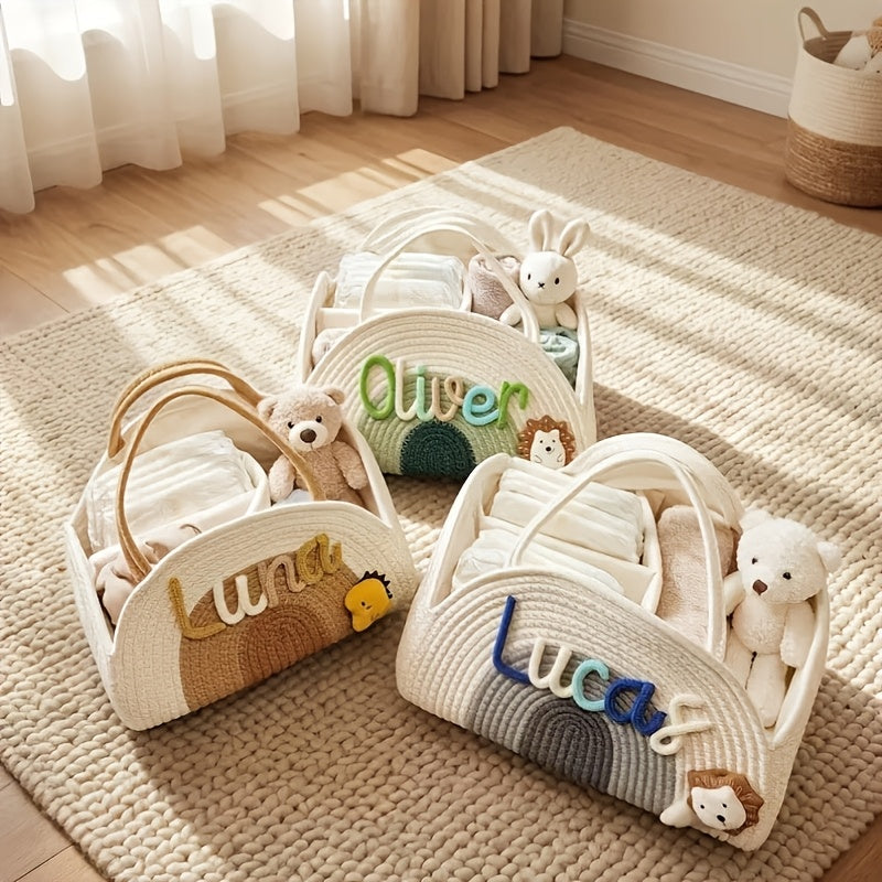 Large Diaper Storage Basket with Handle & Cute Doll, Lightweight Nursery Organizer for Diapers & Baby Clothes, Decorative Baby Room Storage, 3 Colors Including Green Grey & Brown