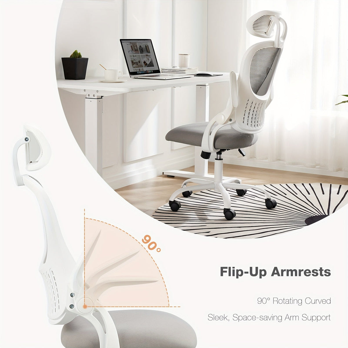 Ergonomic Mesh Office Chair High Back – Adjustable Headrest Lumbar Support Flip-Up Arms 144° Tilt Swivel Computer Chair for Home Office Gaming Study