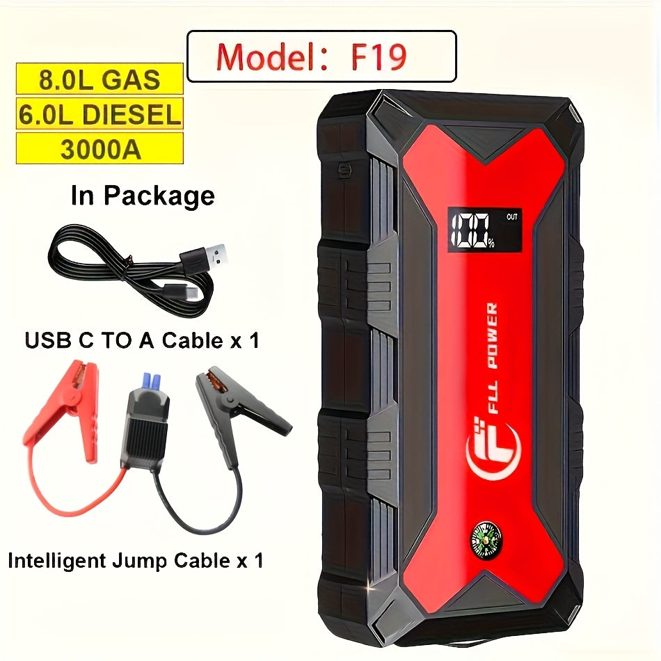 便携式汽车应急启动电源 1600A–3000A 12V 电池启动器 – 适用于汽油和柴油发动机的紧凑型应急启动电源，配备 USB 充电端口及 LED 手电筒