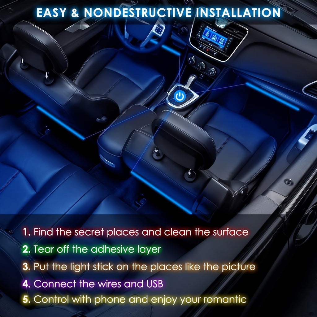 Music Sync LED Car Interior Lights – 4pcs USB Powered RGB Underfoot Ambient Lighting Kit with App & Remote Control, Colorful Atmosphere Lights for Car, Truck, SUV, No Battery Required