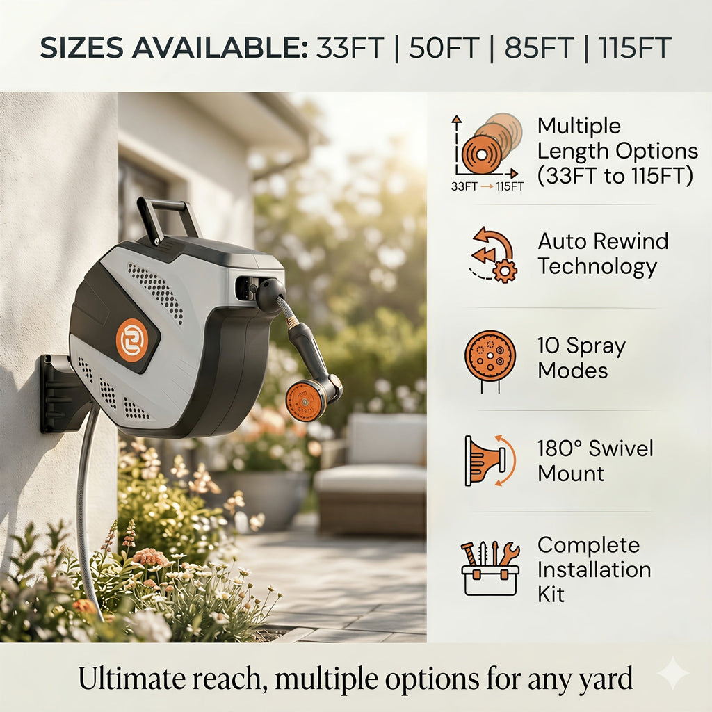 Retractable Wall-Mounted Garden Hose Reel – 33 / 50 / 85 / 115 FT, Auto Rewind, Any-Length Lock, 180° Swivel, 10-Function Nozzle, 3/4" Brass Fittings, UV-Resistant – Nova Mart