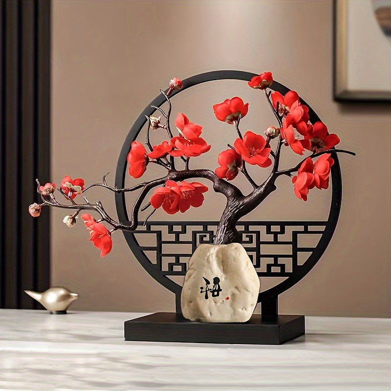 Chinese Artificial Plum Blossom Bonsai Set – Faux Flower with Ceramic Stone Vase & Screen Base for Indoor & Outdoor Dining Table & Office Desk Decor in Red White & Pink