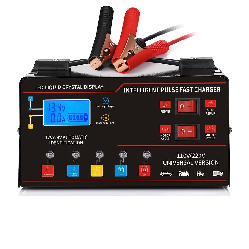 Smart Universal Battery Charger 12V 24V with LCD Screen Pulse Repair Trickle Maintainer for Car, Truck, Motorcycle, Boat, Lawn Mower, and Harvester – Automatic Temperature Regulation