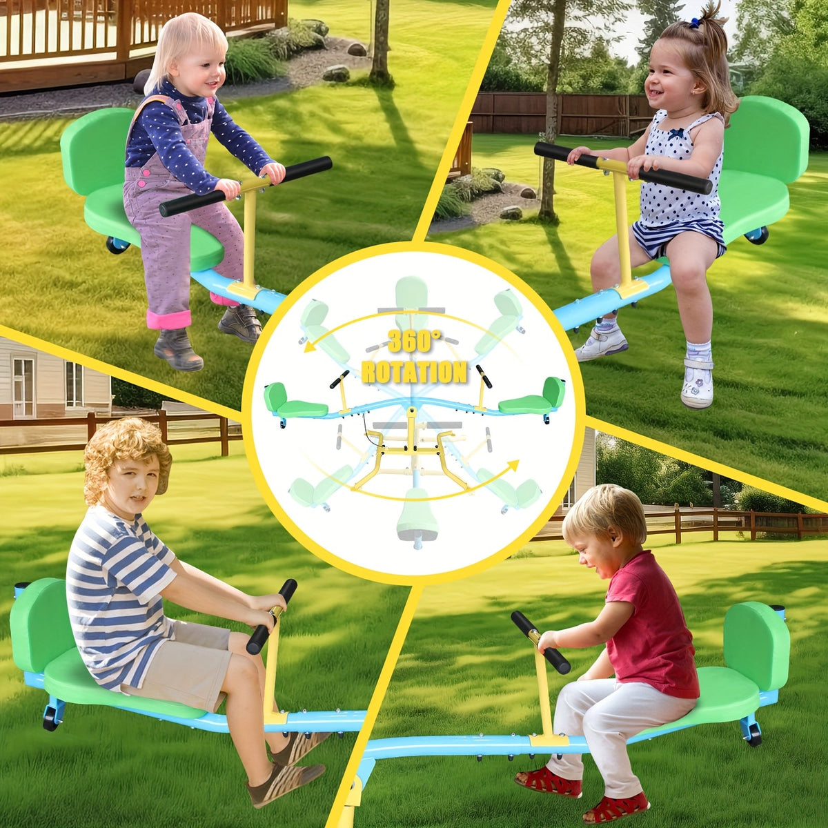 Kids 360-Degree Rotating Seesaw, 2-Seat or 4-Seat, Metal Frame, Outdoor Play Equipment, Rotating Swing Ride-On, for Playground, Backyard & Garden, Blue