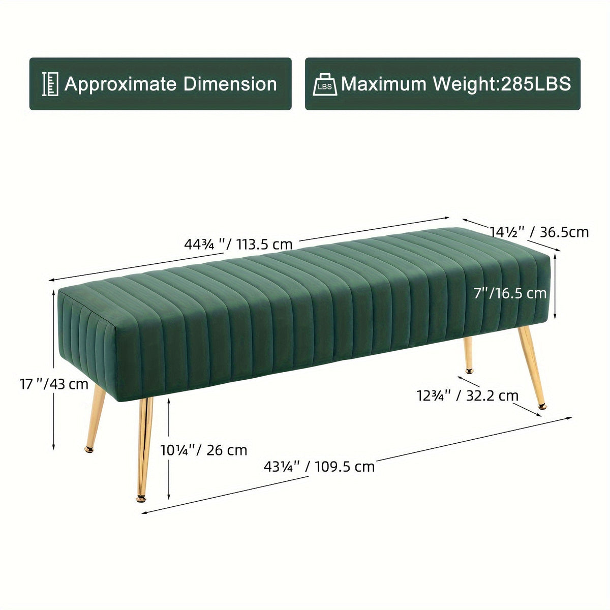 44-Inch Luxury Velvet Shoe Changing Bench with Gold-Plated Legs Entryway Bedroom End Footrest & Step Stool Sturdy Frame Elegant Decor – Black Pink Grey Dark Green